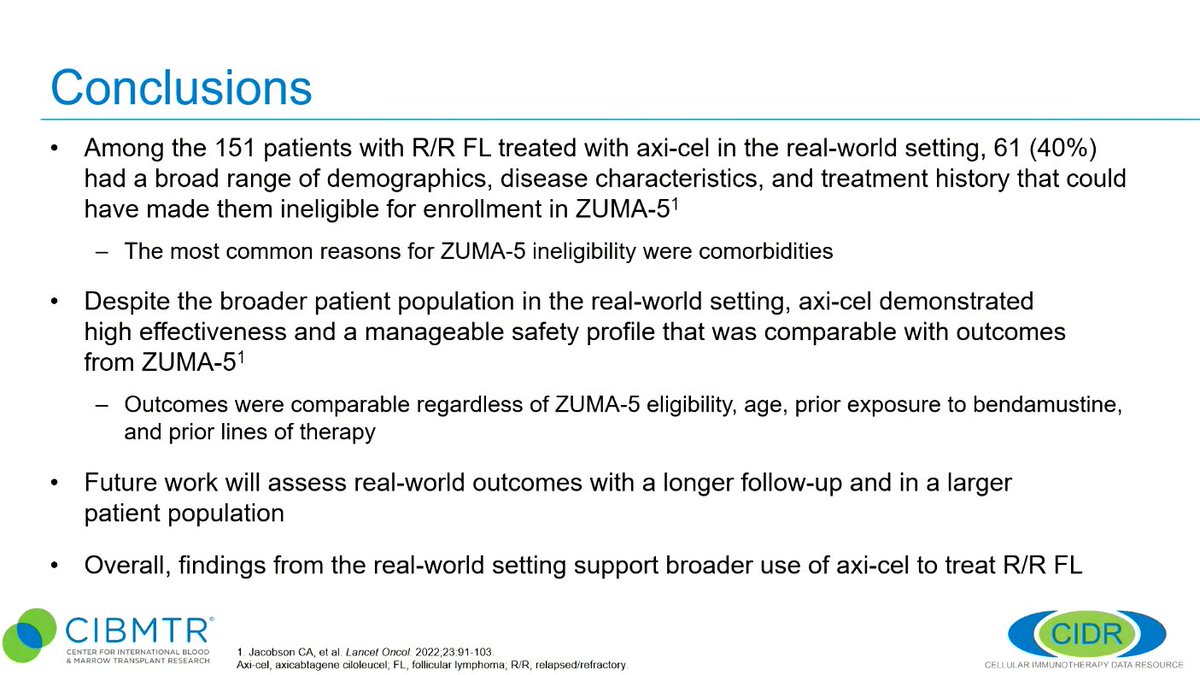 #EHA2023 Caron Jacobson @DanaFarber presents real-world outcomes for patients with R/R FL eligible and ineligible for the ZUMA-5 trial. Results show effectiveness (93%; 95% CI, 88-97 achieved OR) and a manageable safety profile to support broader use of axi-cel for R/R FL #lymsm