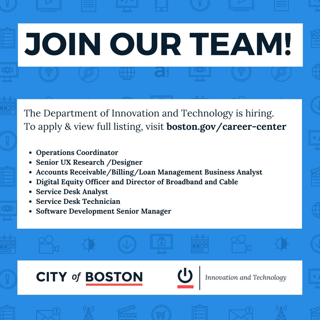 🚨New employment opportunities!

Click the link below for job descriptions and directions on how to apply!  bit.ly/DoITjobs #BostonJobs #BostonTechJobs #ISOBoston #Boston