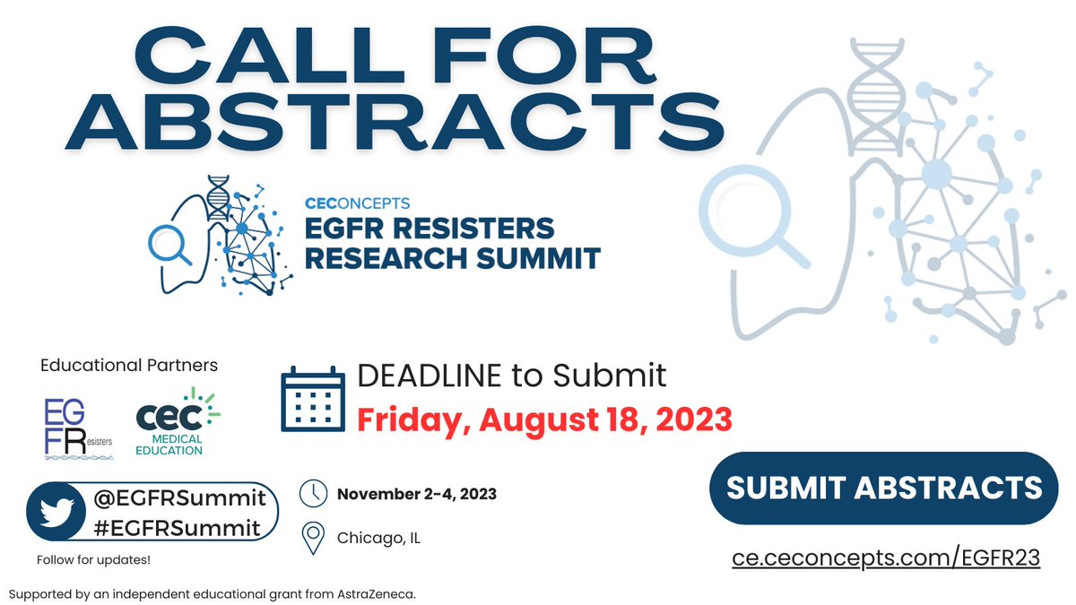 EGFR Resisters Research Summit (@egfrsummit) on Twitter photo 🎉 Join us for #EGFRSummit, in collab w/ @egfrresisters & @CEC_onc! Improve your #Research skills, evaluate peers' work & 🚀your career as a #LungCancer researcher!
Submit Abstracts by Aug 18➡️ce.ceconcepts.com/EGFR23
<a href="/jillfeldman4/">Jill Feldman</a> <a href="/ivybelkins/">Ivy Elkins</a> <a href="/ZPiotrowskaMD/">Zosia Piotrowska</a>
#LCSM #EGFR #NSCLC 🎉 Join us for #EGFRSummit, in collab w/ @egfrresisters & @CEC_onc! Improve your #Research skills, evaluate peers' work & 🚀your career as a #LungCancer researcher!
Submit Abstracts by Aug 18➡️ce.ceconcepts.com/EGFR23
<a href="/jillfeldman4/">Jill Feldman</a> <a href="/ivybelkins/">Ivy Elkins</a> <a href="/ZPiotrowskaMD/">Zosia Piotrowska</a>
#LCSM #EGFR #NSCLC