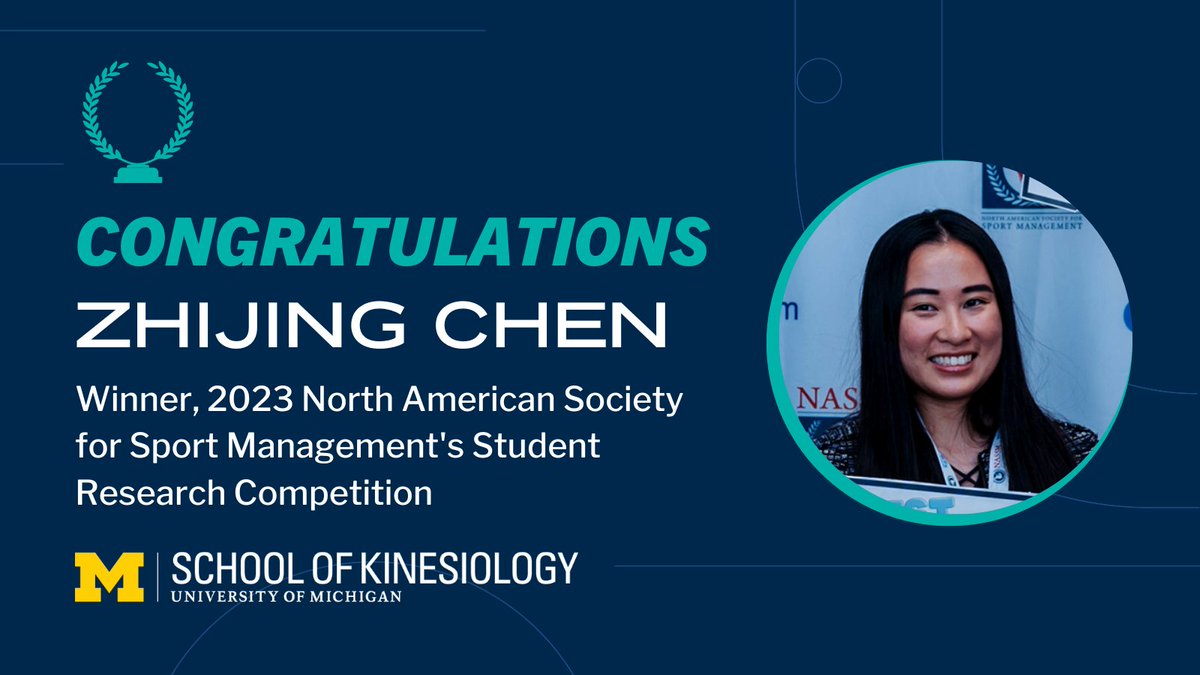UMKines's tweet photo. 💐Kudos Sport Mgmt PhD student Zhijing Chen, 2023 NASSM Student Research Competition winner. Title: "Effective Advocacy Communication on Social Media: Exploring the Role of Parasocial Interaction, Emotional Empathy, Message Source, and Narrative in Athlete Activism." #GoBlue https://t.co/vgW4d4b6dY