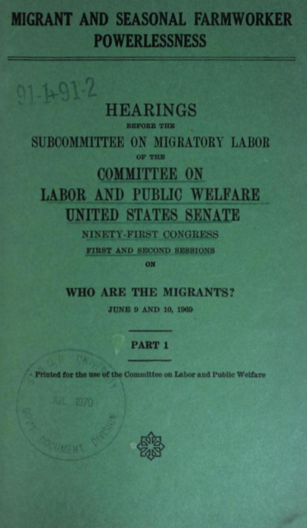 Refusing2Forget's tweet photo. #OTD on June 9-10, 1969, the Subcommittee on Migratory Labor met in Washington DC to examine labor abuses on migrant workers. The post meeting report, "Migrant and Seasonal Worker Powerlessness" exposed Ranger abuse of striking workers in Starr County. /1 https://t.co/r9jI0a2n4K