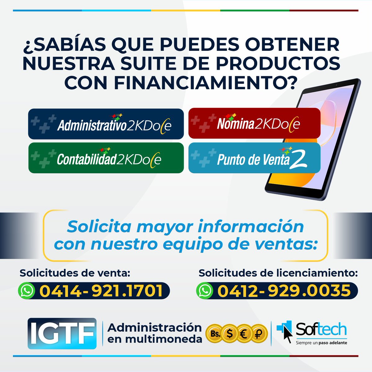 MiProfit's tweet image. En Softech pensamos en tu comodidad, por eso hemos implementado un plan de financiamiento para que puedas adquirir nuestros productos, pudiendo pagarlos en cómodas cuotas.

Adquiere ahora mismo tu #ProfitPlus2KDoce y disfruta del mejor sistema ERP en todo el mercado.