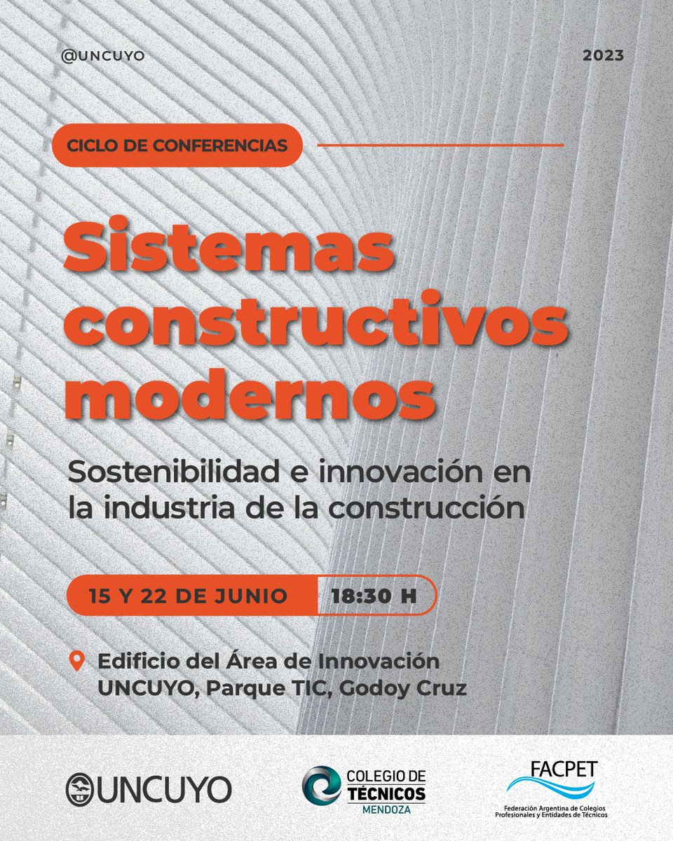 Vinc_UNCuyo's tweet photo. 📌 Te invitamos a participar en este Ciclo de Conferencias sobre Sistemas Constructivos Modernos.
.
➡️ Destinada a estudiantes, docentes, graduados/as, técnicos/as y profesionales del sector de la construcción. 
.
🔗 Inscripciones:  *https://t.co/eqdYos8CZz* https://t.co/0Z6xDuVL3M