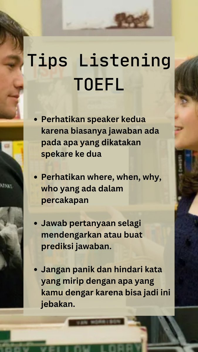 Toeflguruid's tweet photo. Tips TOEFL skor tinggi! ������📈

Simak ya tips listening di bawah ini buat dapet skor TOEFL di atas 500!

#jokitugas #joki #zonauang #testoefl #jokitoefl #bahasainggris #listening #zonajajan https://t.co/TEAgujawcX