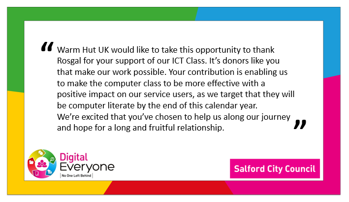 SalfordCCHelp's tweet photo. Great to see support for our #DigitalEveryone Network members @WarmHutUK with the generous donation of unused tech from @RosgalLtd to help WarmHut provide digital support to their service users #CollaborationForSuccess #DigitalForAll #DigitalSalford #ThankYou https://t.co/SzinlLXovt
