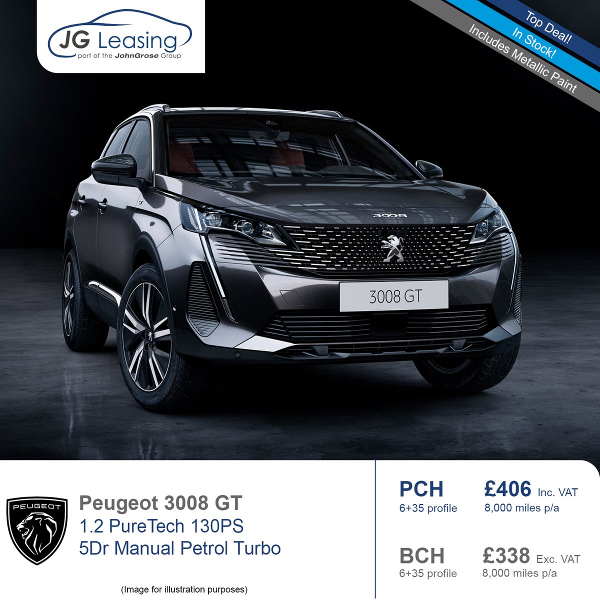 JGLeasing's tweet photo. Deal of the weekend 🤩
Peugeot 3008 is now available for £338(+VAT) per month on Business Contract Hire!
🕑 Term: 3 years
📅 Profile: 6 + 35
🛣️ Mileage: 8,000 per annum
For more information, please visit: https://t.co/MfQTxFPQTs #bch #businessleasing #leasing https://t.co/jRmUlcSaDH