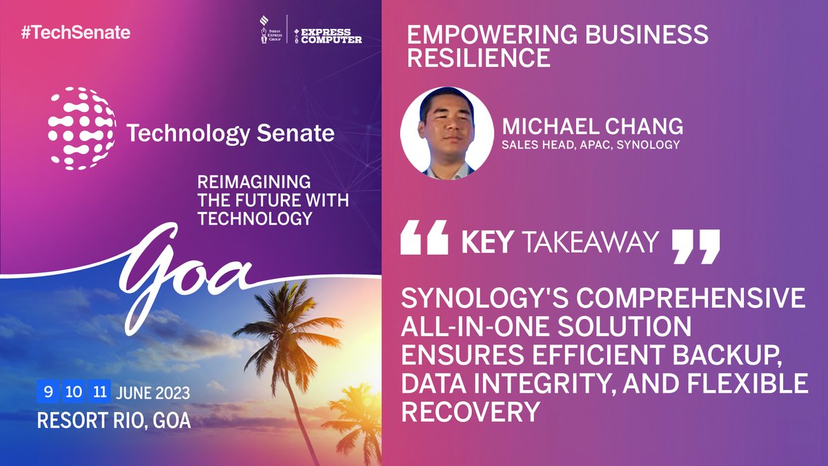Express Computer (@expcomputer) on Twitter photo Key Takeaway: #Synology's comprehensive all-in-one solution ensures efficient backup, data integrity, and flexible recovery: Michael Chang, Sales Head, APAC, <a href="/Synology/">Synology Inc.</a> at the #TechSenate 2023 | 9th June 2023 | #Goa
<a href="/srikrp/">Srikanth RP</a> <a href="/NivedanPrakash/">Nivedan Prakash</a> <a href="/SandhyaMichu/">Sandhya Michu</a> <a href="/H_Y_DESAI/">Harshal Desai</a> <a href="/AparnaTawade/">aparna tawade</a> Key Takeaway: #Synology's comprehensive all-in-one solution ensures efficient backup, data integrity, and flexible recovery: Michael Chang, Sales Head, APAC, <a href="/Synology/">Synology Inc.</a> at the #TechSenate 2023 | 9th June 2023 | #Goa
<a href="/srikrp/">Srikanth RP</a> <a href="/NivedanPrakash/">Nivedan Prakash</a> <a href="/SandhyaMichu/">Sandhya Michu</a> <a href="/H_Y_DESAI/">Harshal Desai</a> <a href="/AparnaTawade/">aparna tawade</a>