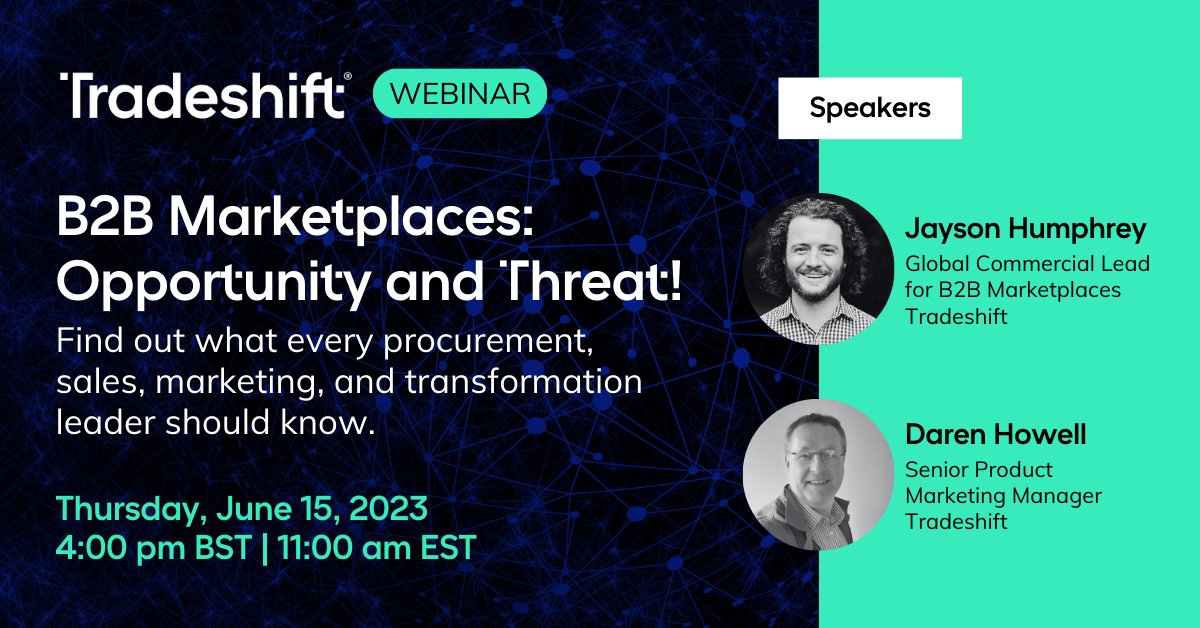Looking to learn more about the emergence of B2B Marketplaces? Join us for a webinar to learn from Tradeshift experts as well as a real-world customer who will share their experience! Don’t miss your opportunity to enhance your procurement functions: bit.ly/457rfyk