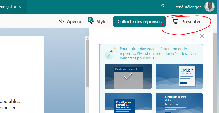 Rene_Belanger's tweet photo. Nouvelle fonctionnalité dans #microsoftforms avec l'option "présenter" qui permet de faire un peu comme à la Wooclap ou Kahoot, un questionnaire en direct avec les participants #reptic https://t.co/JTD5n5FFEG
