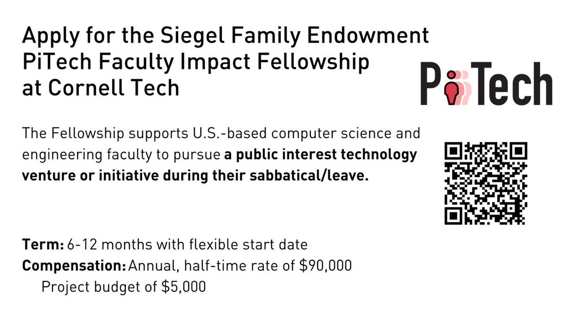 Great opportunity at @cornell_tech for faculty on sabbatical -- or on a mission! #pitech pi.tech.cornell.edu/pitech-faculty…