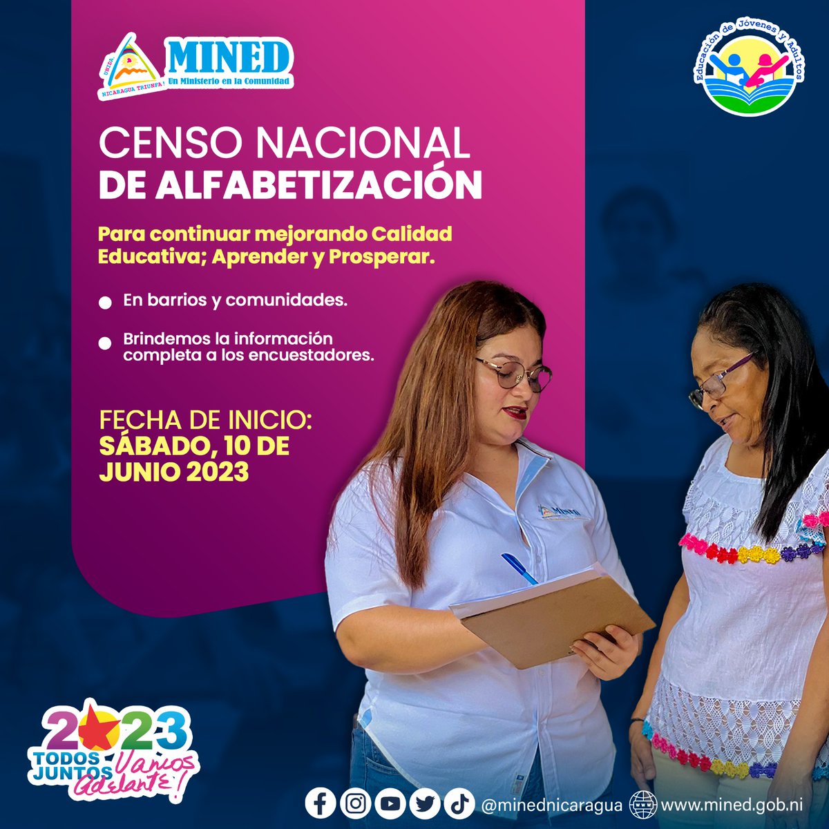 Mañana sábado 10 de junio inicia el Censo Nacional de Alfabetización impulsado por el Gobierno de #Nicaragua, a través del MINED. Brindemos la información completa a los encuestadores.
#JunioEnVictorias 
#VivaElPoderPopular 
<a href="/minedmanagua/">Ministerio De Educación Managua</a> 
@LilliamHerreraM 
<a href="/Titomara2/">Titomara🌐🇻🇪</a>