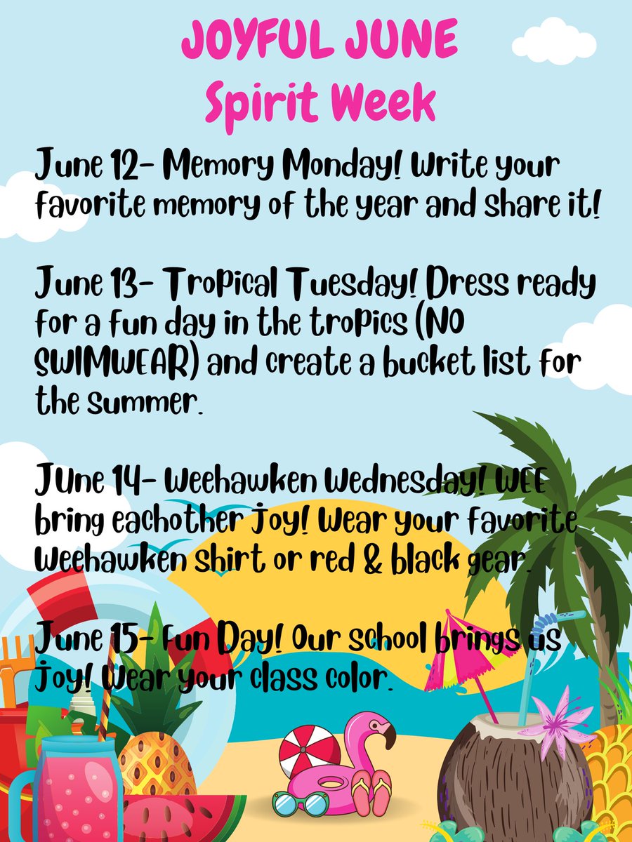 Weehawken Schools (@weehawkentsd) on Twitter photo TRS will be celebrating Joyful June Spirit Week 6/12 ~ 6/15 <a href="/EricCrespoEDU/">Eric Crespo</a> <a href="/FAmato53/">Francesca Amato</a> <a href="/al_orecchio/">Al Orecchio</a> <a href="/SuzanneMera/">Mrs. Mera</a> <a href="/McginleyIsabel/">Isabel McGinley</a> <a href="/DeStefanoEDU/">Dr. Nicholas DeStefano</a> <a href="/MrsCullinane/">Jacqueline Cullinane</a> <a href="/Mr__Ferrer/">Cory Ferrer</a> @msphillips301 <a href="/MrsNaszimento/">Dana Naszimento</a> <a href="/WeeLearnW_MrsA/">jessica aiello</a> <a href="/Mrs_Avena/">Cristina Avena</a> <a href="/msboshell/">โ๏ธ Sarah Boshell โ๏ธ she/her</a> <a href="/MrsCarroll__/">Kait Carroll</a> <a href="/niccinelli/">Nicole Cinelli</a> <a href="/cdanchken/">Carol Danchise</a> TRS will be celebrating Joyful June Spirit Week 6/12 ~ 6/15 <a href="/EricCrespoEDU/">Eric Crespo</a> <a href="/FAmato53/">Francesca Amato</a> <a href="/al_orecchio/">Al Orecchio</a> <a href="/SuzanneMera/">Mrs. Mera</a> <a href="/McginleyIsabel/">Isabel McGinley</a> <a href="/DeStefanoEDU/">Dr. Nicholas DeStefano</a> <a href="/MrsCullinane/">Jacqueline Cullinane</a> <a href="/Mr__Ferrer/">Cory Ferrer</a> @msphillips301 <a href="/MrsNaszimento/">Dana Naszimento</a> <a href="/WeeLearnW_MrsA/">jessica aiello</a> <a href="/Mrs_Avena/">Cristina Avena</a> <a href="/msboshell/">โ๏ธ Sarah Boshell โ๏ธ she/her</a> <a href="/MrsCarroll__/">Kait Carroll</a> <a href="/niccinelli/">Nicole Cinelli</a> <a href="/cdanchken/">Carol Danchise</a>
