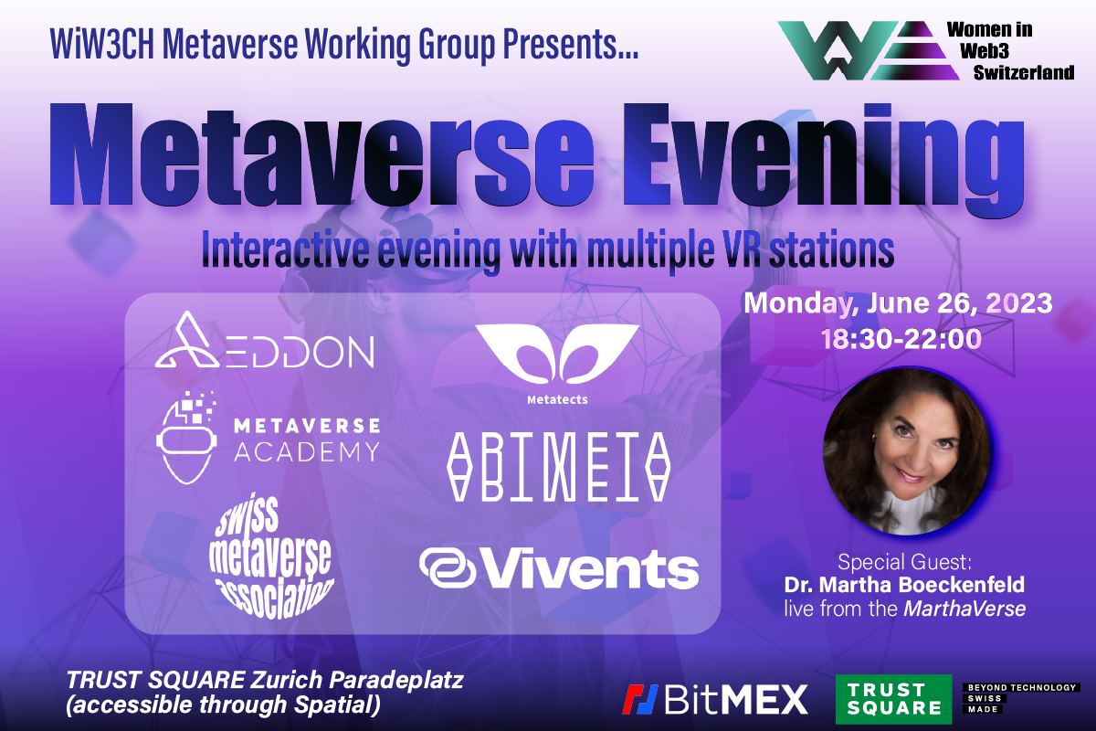 👫 Join us on Monday June 26th @Trust_Square
in #Zurich for an interactive Metaverse networking event featuring @artmetaofficial @AeddonMetaverse Vivents @metatects @Metaverse_ACAD @SwissMetaverse & the MarthaVerse!!  

 📢 RSVP now: tinyurl.com/yx84w8d4