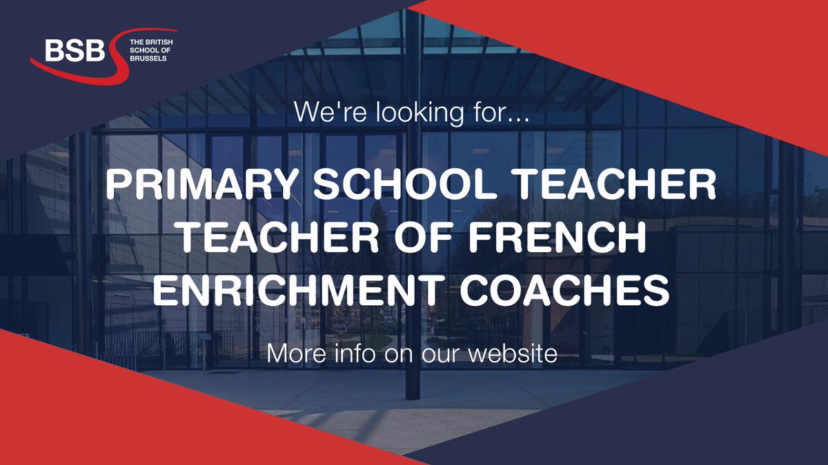 We're hiring! Apply on our website:

▶️Part-time Primary School Teacher: bit.ly/3yYJHIf
▶️Teacher of French: bit.ly/3X0G3Lq
▶️Enrichment Coaches for Football, Swimming, Tennis & Volleyball: britishschool.be/jobs/enrichmen…

#schooljobs #educationjobs #brusselsjobs