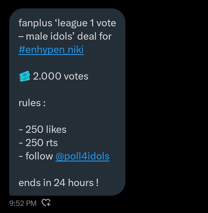 fanplus ‘league 1 vote – male idols’ deal for #enhypen_niki

🎟 2.000 votes

rules :

- 250 likes
- 250 rts
- follow @poll4idols 

ends in 24 hours !

#EnFuelUp #ENVOOSTERS