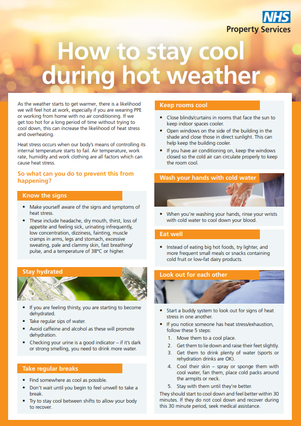 🔥 Hot weather alert

Parts of the UK are about to experience a mini #heatwave with temperatures reaching 30C.

Please take extra care and check in on those who may be more vulnerable.

Here are some ways to stay cool in hot weather 👇
property.nhs.uk/media/4622/nhs…