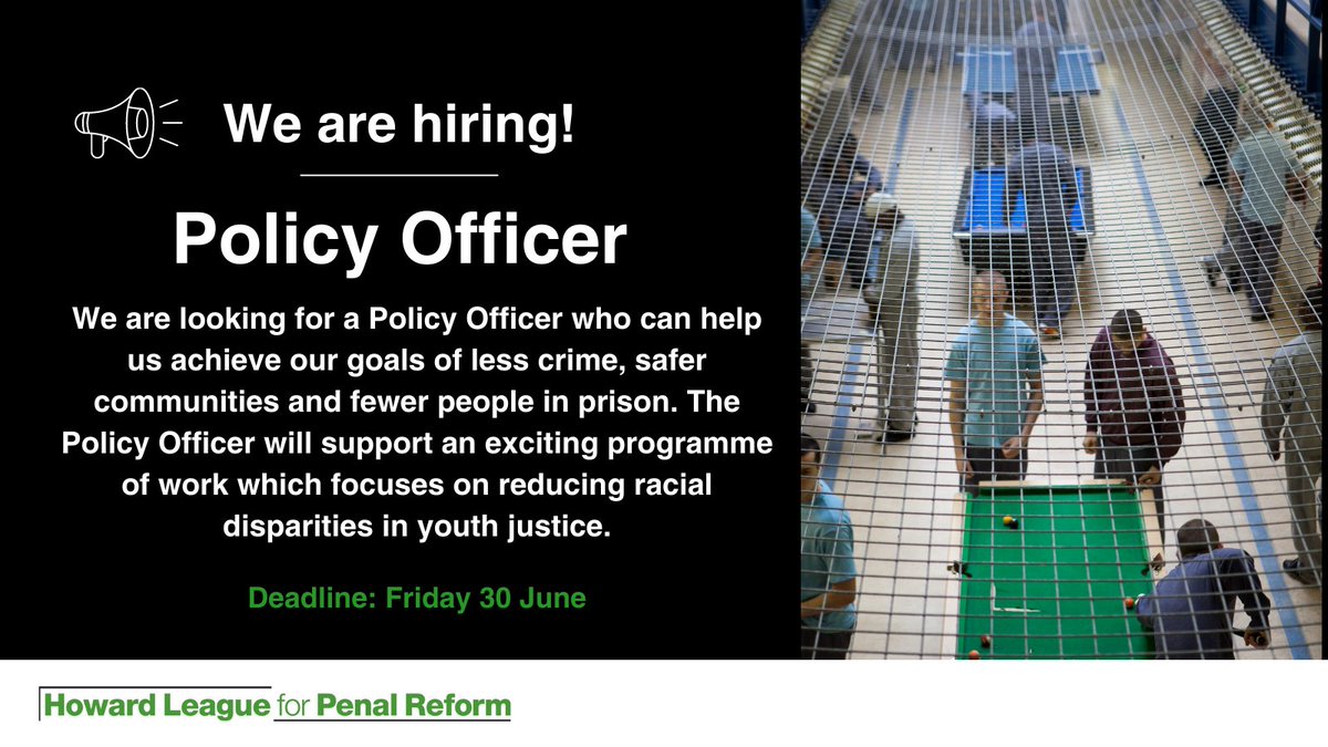 📢 We're hiring! Could you be our Policy Officer?

We're looking for a Policy Officer to support our programme of work which focuses on reducing racial disparities in youth justice.

Find out more here: howardleague.org/policy-officer/
#JobAlert #PolicyOfficer