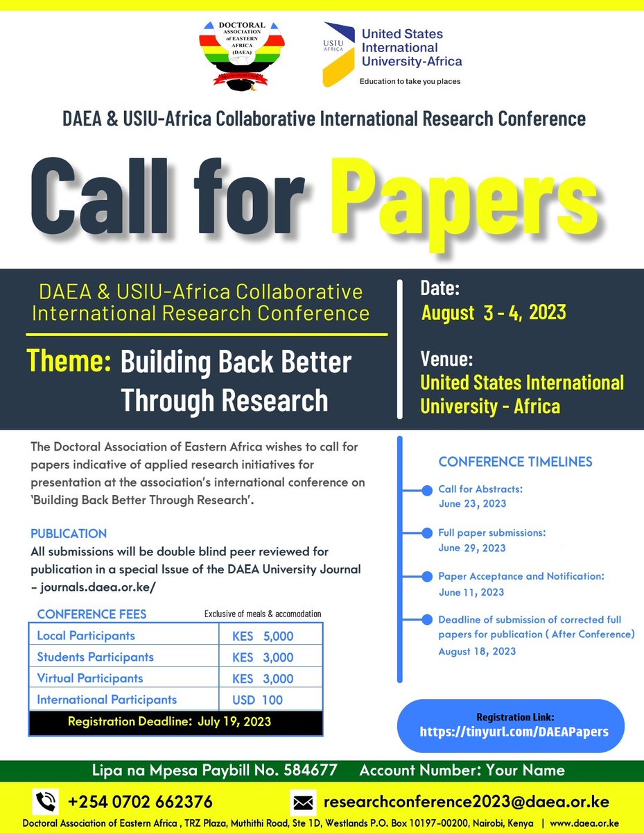 The Doctoral Association of Eastern Africa in collaboration with <a href="/ExperienceUSIU/">USIU-Africa</a> wishes to invite you for the association's Multidisciplinary International Research Conference on: "Building Back Better Through Research" to be held at USIU-Africa on August 3 - 4, 2023.

For more