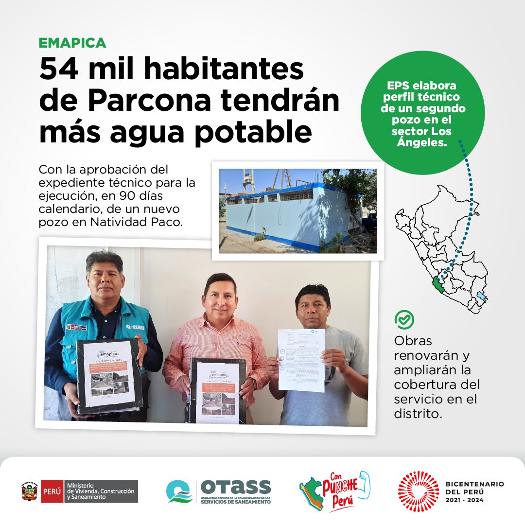 OtassPeru's tweet photo. 🙌 ¡Más agua potable para #Parcona!
💧#Emapica, empresa bajo administración del #Otass, aprobó el expediente técnico para la “Creación de Caseta de Perforación de Pozo Tubular en la Calle Natividad Paco”, con una inversión de más de S/ 2 millones provenientes de recursos propios. https://t.co/xyv6SX2XfF
