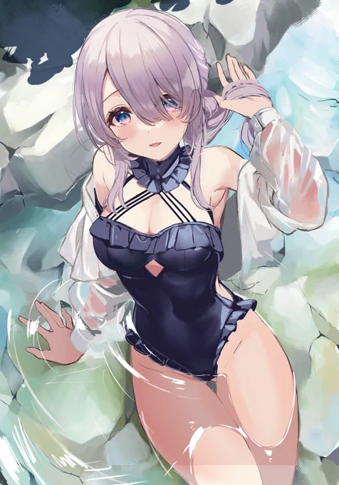 割と普通の形の水着描いてたんだけど、何を思ったか首パーツを増やし、それに合わせてデザイン変えたら水着と背景が合わなくなってきたラフ。