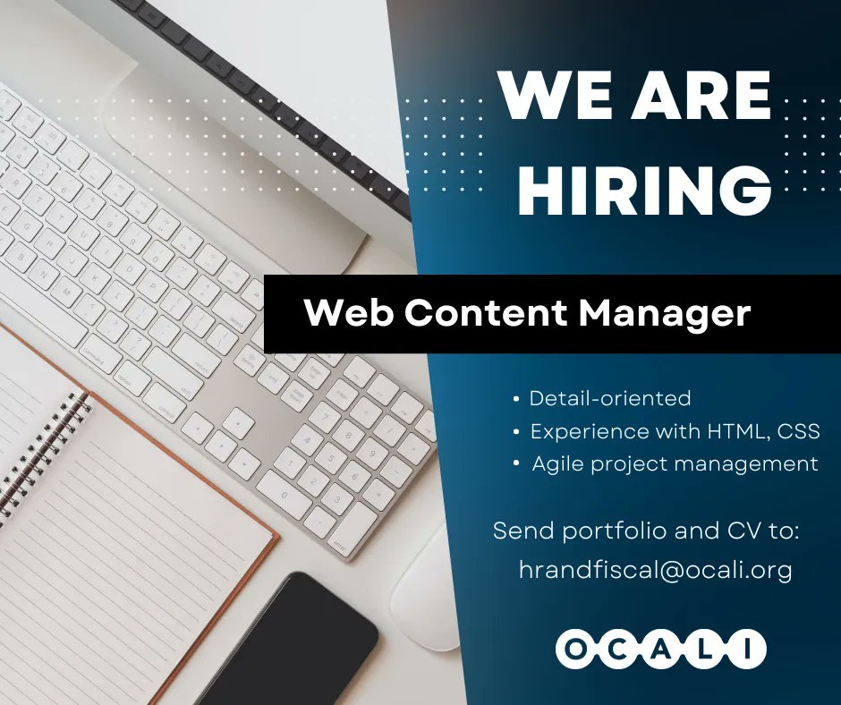 OCALIofficial's tweet image. We’re hiring! Come join our creative team as the new Web Content Manager. If you have graphic design &amp;amp; HTML/CSS skills; are experienced with managing multiple projects and deadlines; and have an excellent eye for details, apply today: buff.ly/3NaTBkq 

#WebContentManager