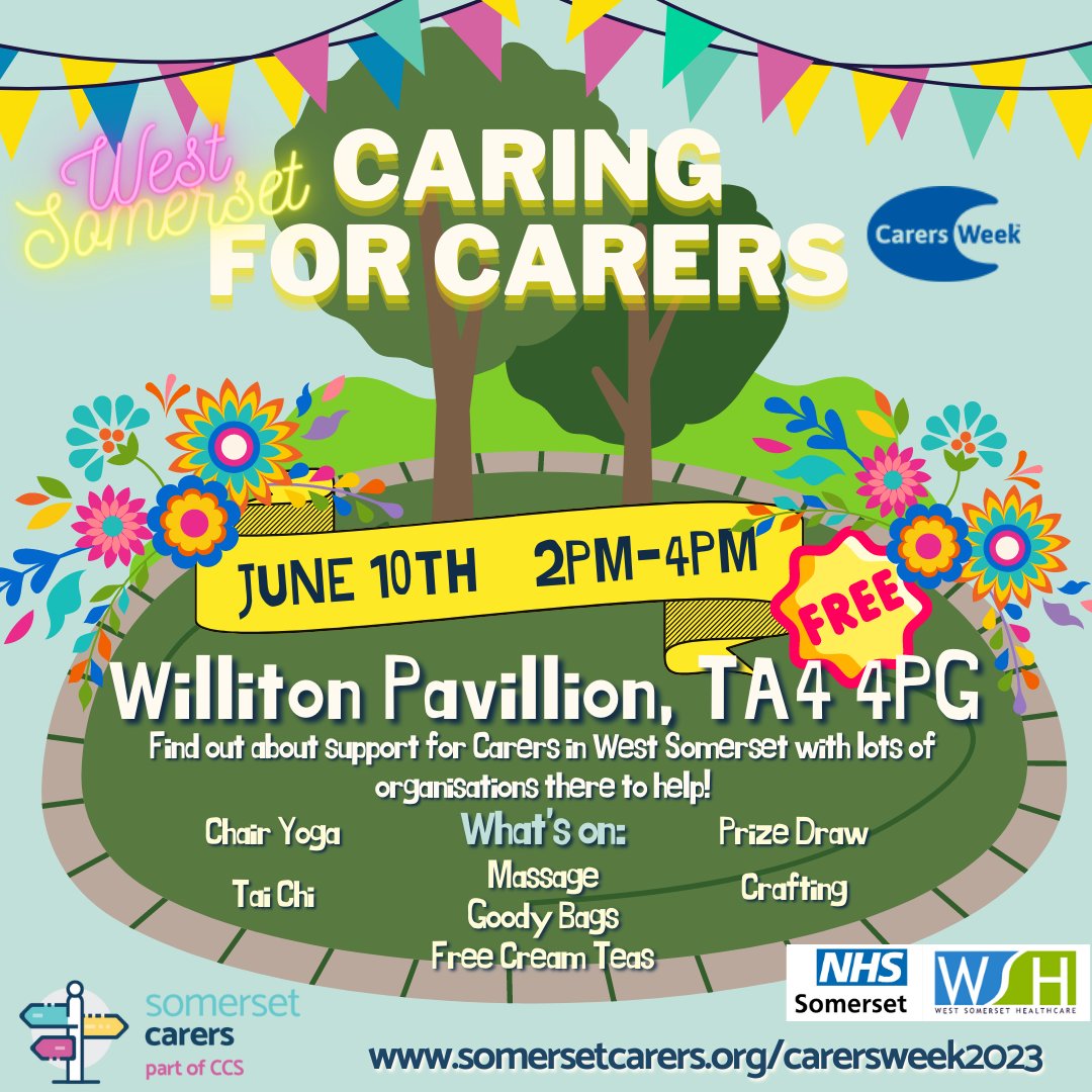 Tomorrow, 10th June,  day 6 of @carersweek with @SomersetCarers & partners

⏰ 2pm - 4pm:
🎪 Caring for Carers Party at Williton Pavilion

HUGELY exciting day with free cream teas, crafting, Tai Chi, Prizes and more - all welcome!

Full details here: somersetcarers.org/carersweek2023/