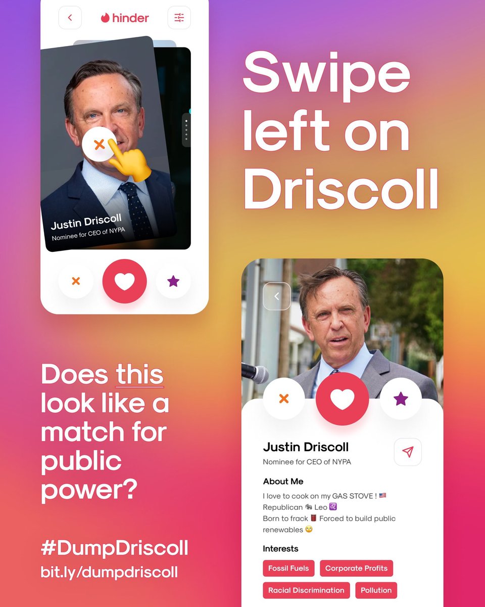 🔥Got a new date for the end of session: TODAY!

🤚Your flood of calls Senators has held off his advances, but he's not rejected yet.

🤳KEEP CALLING! Public Power needs a leader to match, not a gas lobbyist. Swipe left on this right winger!#DumpDriscoll

bit.ly/dumpdriscoll