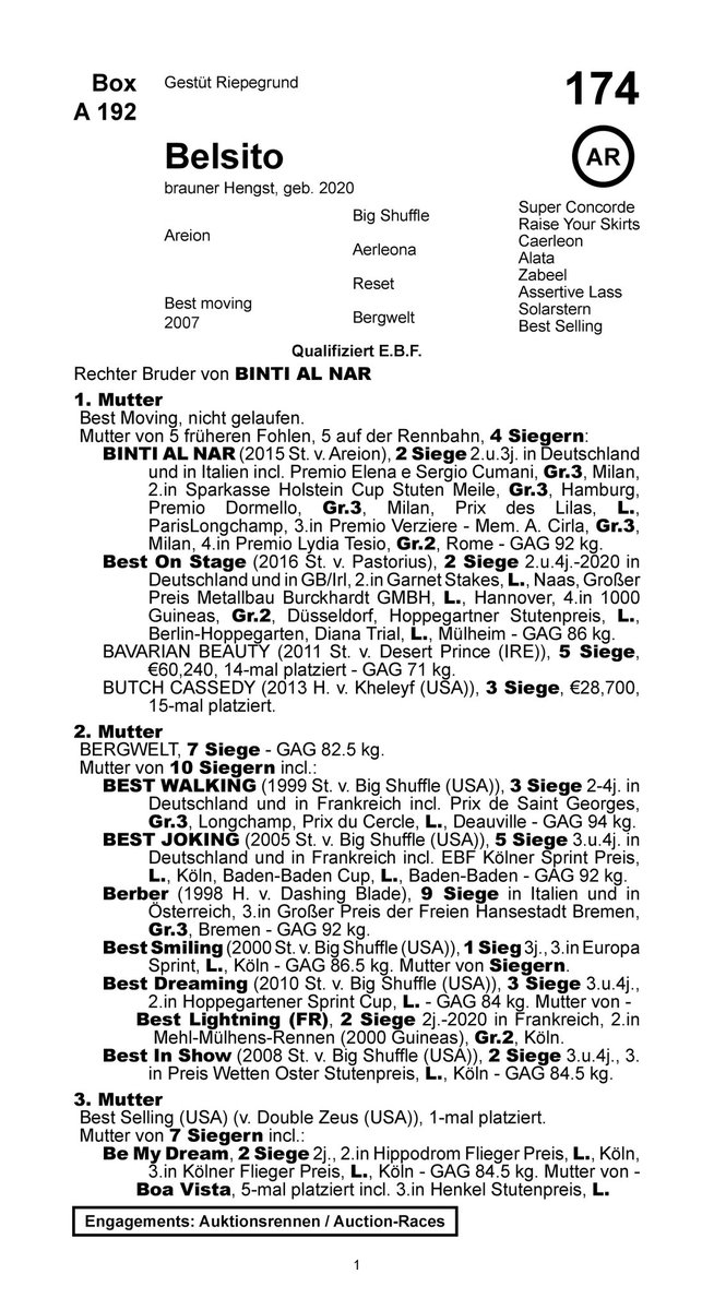 Since 2021 I select a couple of horses (10-15) I liked at the @BBAG_Sales yearling sale

BELSITO (Areion) runs in the 4th at Thirsk today
Full-brother to G3W BINTI AL NAR👀
Sold for 18.000€ to Grove Stud
Has won 1️⃣ race to date (last year at 2yo)