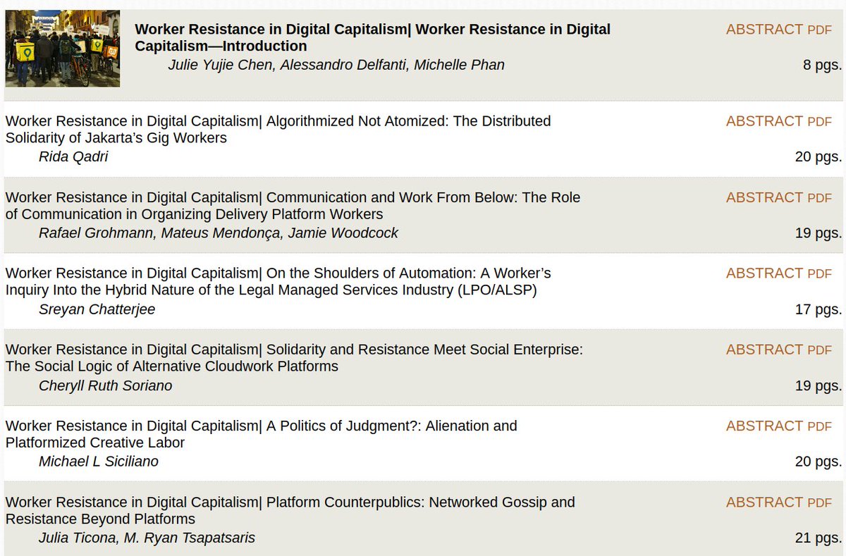 We just published this special section of @IJoC_USC on worker resistance in digital capitalism. Edited with @notmichellephan and @woshihama, with 6 great articles on worker struggles across the globe ijoc.org/index.php/ijoc. Open access!