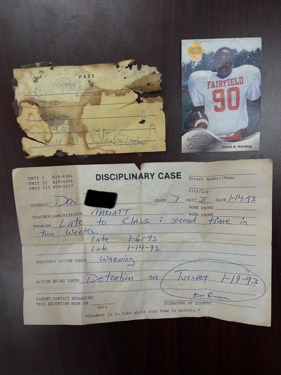 FFCrossroads's tweet photo. Today in the vault of our 44 year old lockers we found; a hall pass from 1981, an original David Harding trading card from 2002, and a discipline referral for Don from 1993. Twice in 2 weeks Don?! Get it together! @FCSDNews https://t.co/JpMaPOYOQk