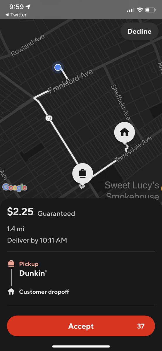BaldermanRobert's tweet photo. @DoorDash @DoorDash_Help I worked 6 hours 21 mins yesterday for $21.25 
Today I get a request at 7:50 to drag me out of the house I made $7.25 it is now 10am just got a 2nd ping. This is a disgrace $2.25 base pay is a joke. https://t.co/avMFlRyO80