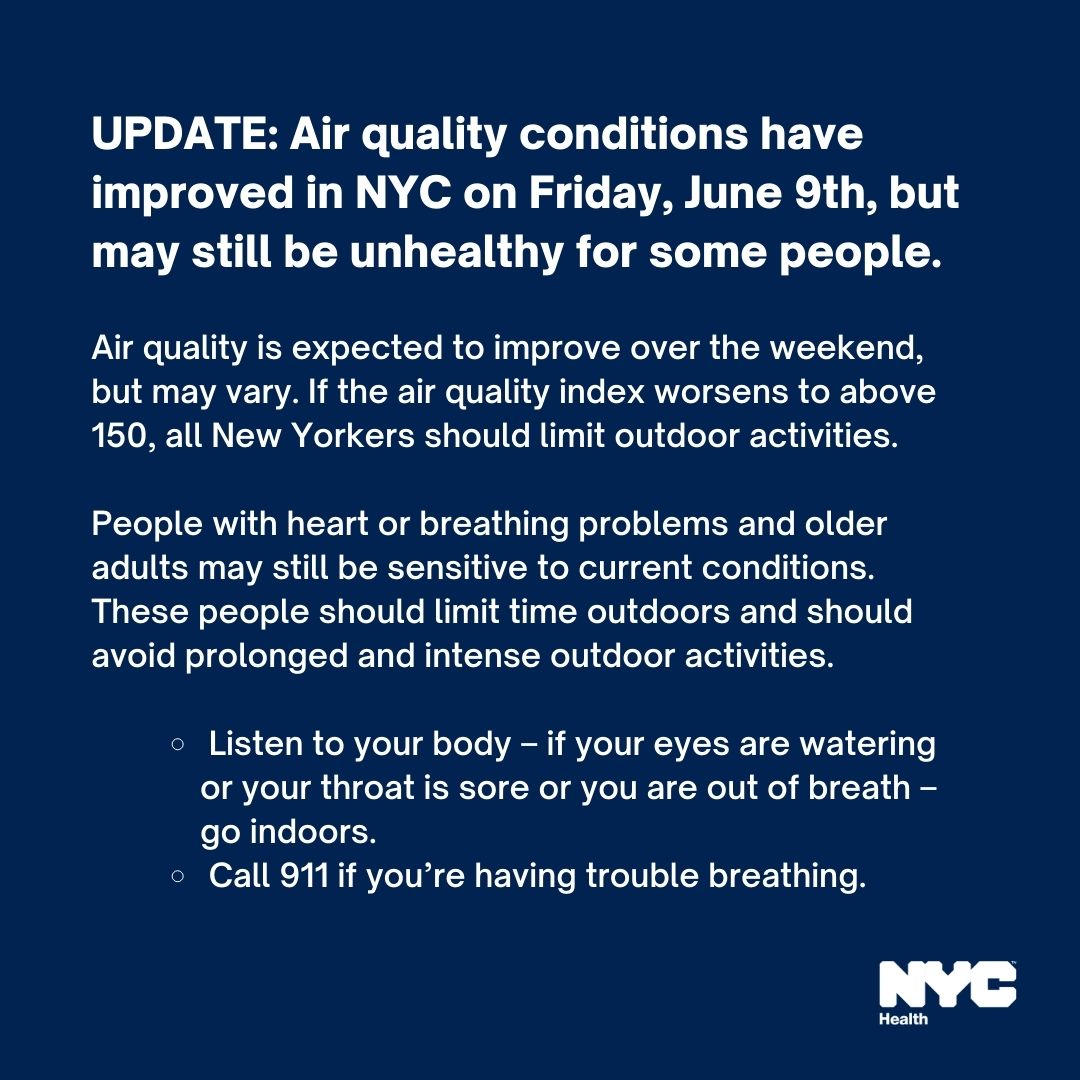 nycHealthy's tweet photo. UPDATE: Air quality conditions have improved in NYC, but may still be unhealthy for some people. Air quality is expected to improve over the weekend, but may vary. If the air quality index worsens to above 150, all NYers should limit outdoor activities: https://t.co/Z3QnOffmsF https://t.co/kwyyonbj6v