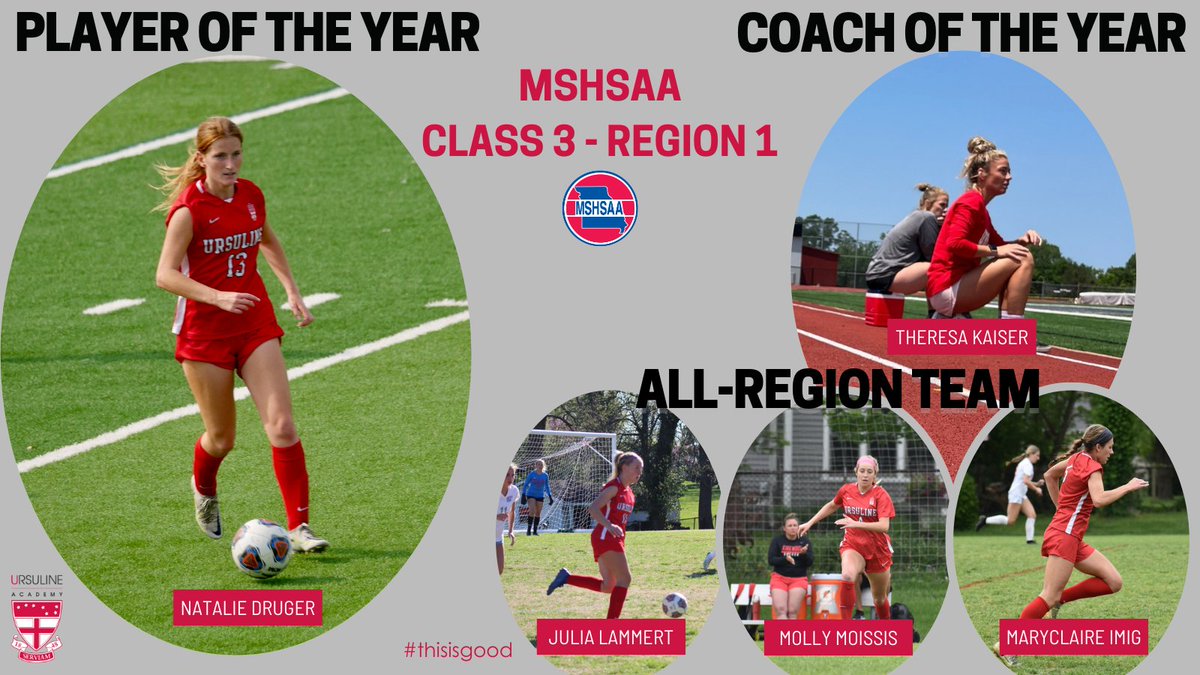 Congratulations to the 2023 All-Region recipients. Player of the Year-Natalie Druger, Coach of the Year-Theresa Kaiser, All-Region Team-Julia Lammert, Molly Moissis, MaryClaire Imig. #ursulineathletics #thisisgood