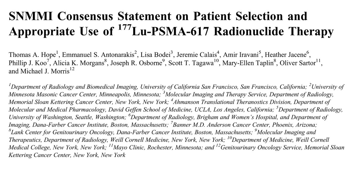 Excited to announce the release of the @SNM_MI consensus statement on PSMA RLT. We attempted to wrangle with a number of difficult questions about how to use PSMA RLT in clinical practice. Check it out at: jnm.snmjournals.org/content/early/…