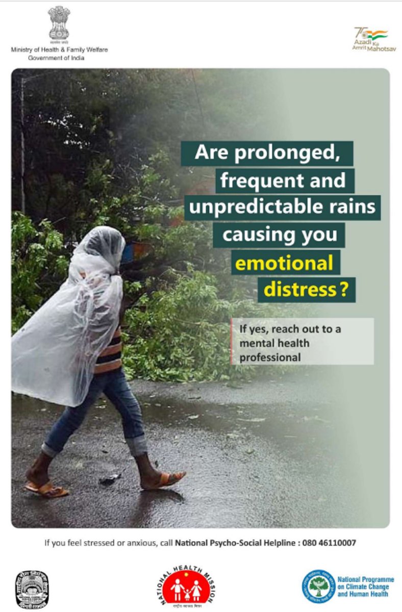 #OurEarthOurHealth
Prolonged rain can disrupt daily routines, limit outdoor activities, and increase feelings of isolation. 
Reach out to a mental professional in case of emotional distress. 
@NCDCMoHFW @USAID_NISHTHA @moefcc
@MoHFW_INDIA