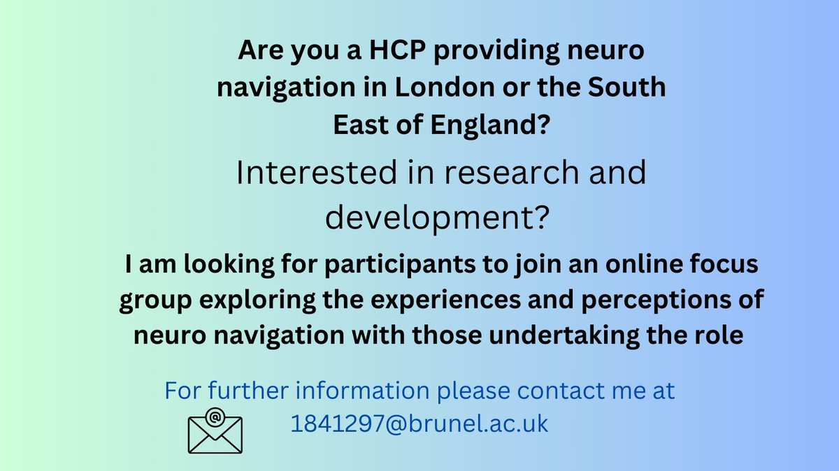 cjatkinsonOT's tweet photo. Are you a healthcare professional providing neuro navigation (NN) in London or the South East? Come &amp; join an online focus group to understand the meaning of NN through the exploration of your perceptions and experiences. (MSc study) #neuronavigation #neurorehab #neuronavigators https://t.co/svqKZ88Su1