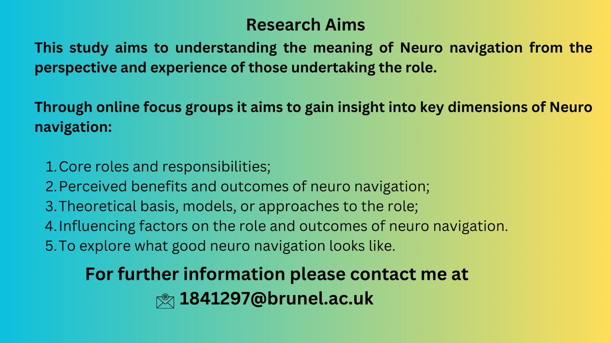 Are you a healthcare professional providing neuro navigation (NN) in London or the South East? Come &amp; join an online focus group to understand the meaning of NN through the exploration of your perceptions and experiences. (MSc study) #neuronavigation #neurorehab #neuronavigators