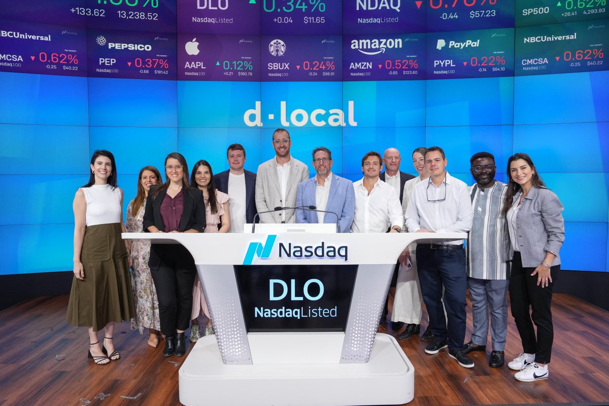 NasdaqExchange's tweet photo. .@dLocalPayments is payments in emerging markets made easy. 💳🤝

Celebrating two years #NasdaqListed at the @NasdaqExchange Opening Bell, $DLO is a technology-first payments platform enabling global enterprise merchants to connect with billions of consumers in emerging markets. https://t.co/QjeVKAt3cR