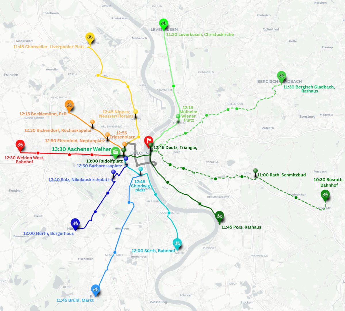 Nächsten Sonntag (18.06.) ist <a href="/SternfahrtKoeln/">Sternfahrt Köln</a> 
Sucht Euch einen Startpunkt aus und demonstriert mit uns für die so dringend benötigte #Verkehrswende 
Rösrath trifft sich um 10:30 am Bahnhof, Rath um 11:00 an der Schmitzebud