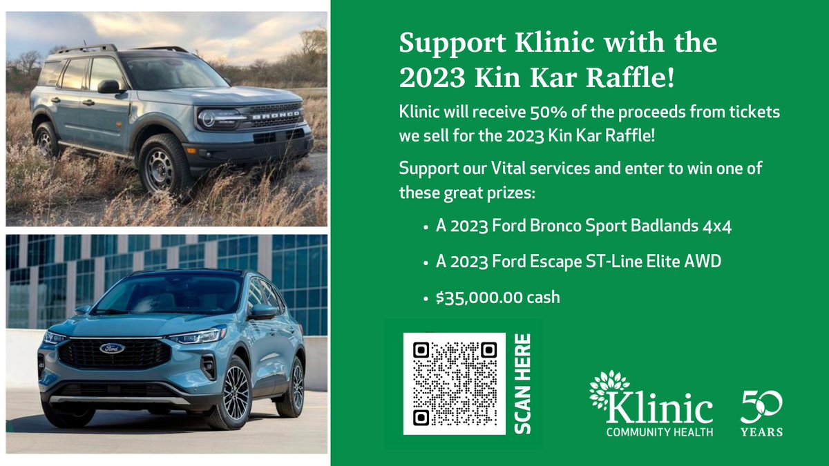Klinic has partnered with Winnipeg Kinsmen for the 2023 Kin Kar Raffle! 🎉 

50% of your ticket price goes directly to Klinic to support our programs and services!

Buy your tickets today and support our mission of just care, for everyone:

bit.ly/Kin-Kar-Raffle…