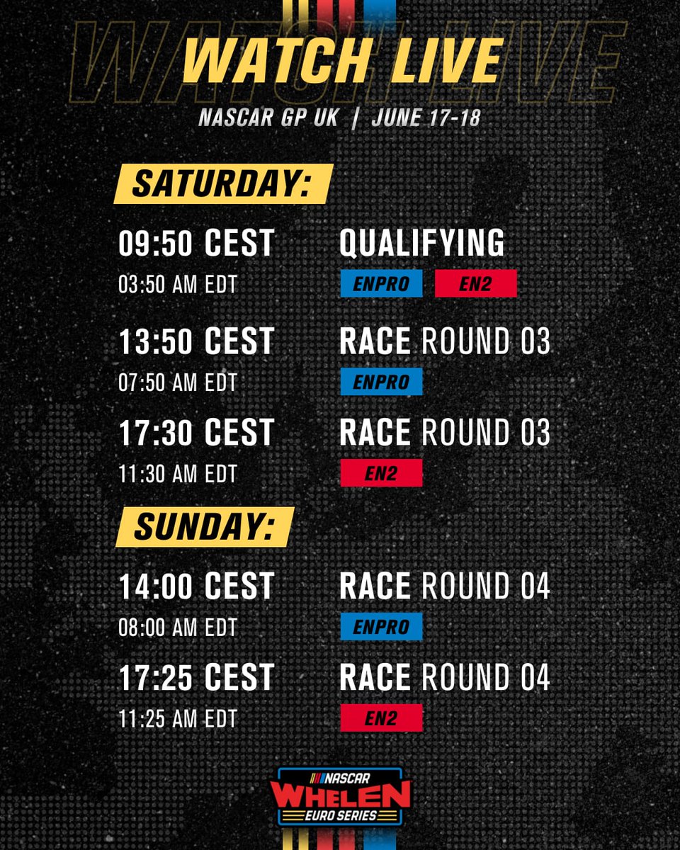IT'S RACE WEEK 🏁 We're heading to @brandshatchofficial for the <a href="/BrandsSpeedFest/">American SpeedFest</a> with our #NASCARGPUK 🇬🇧 and here is our schedule when you can watch the qualifying and all races live on youtube.com/@EuroNASCAR

#EuroNASCAR #NASCAR #NWES #PureRacing #Motorsport

🧑‍🎨 <a href="/dpflug_/">DANIEL PFLUG</a>
