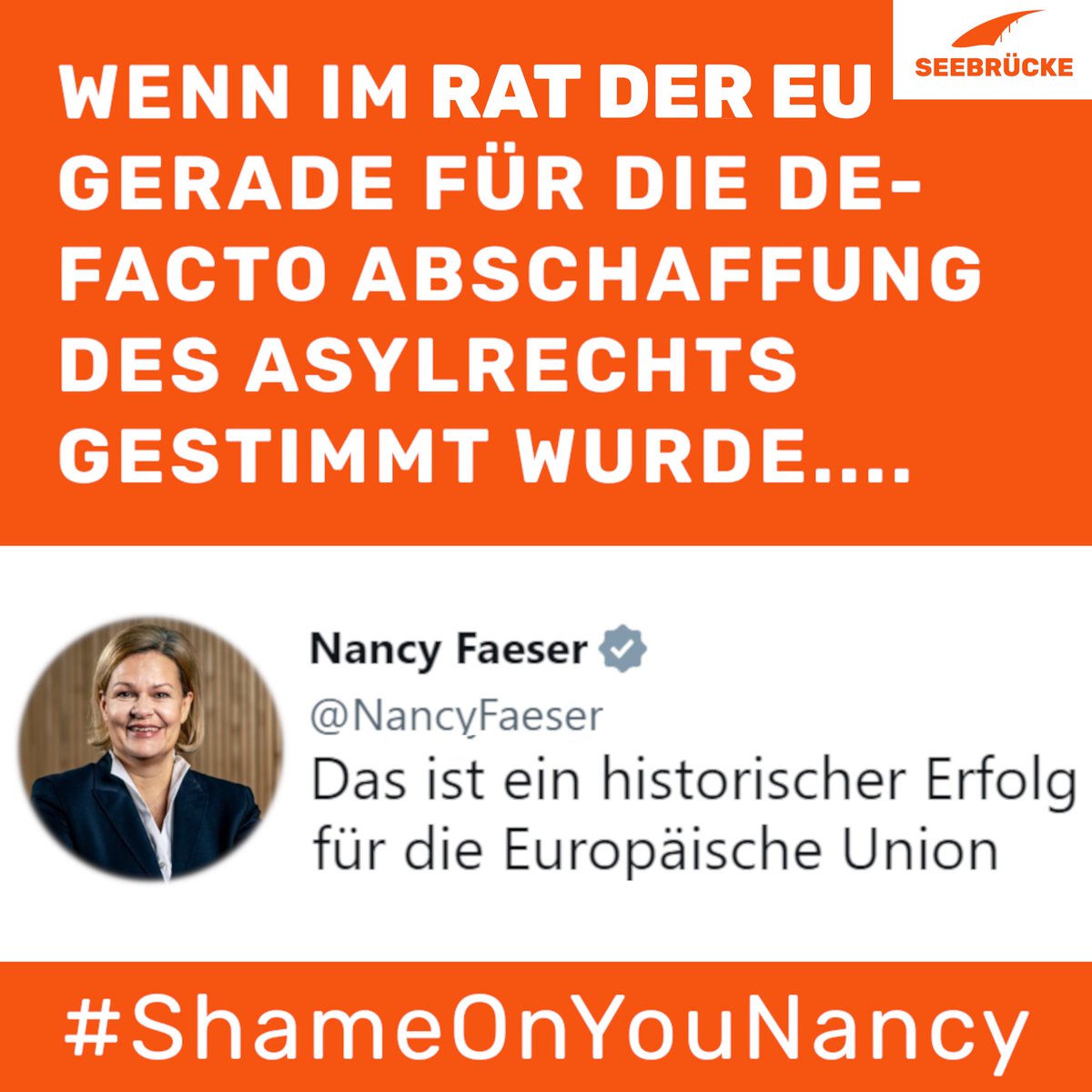 Gestern haben die Innenminister*innen der EU die schärfsten Asylreformen seit Jahrzehnten beschlossen und damit für die de facto Abschaffung des Asylrechts gestimmt.
#ShameOnYouNancy #GEAS