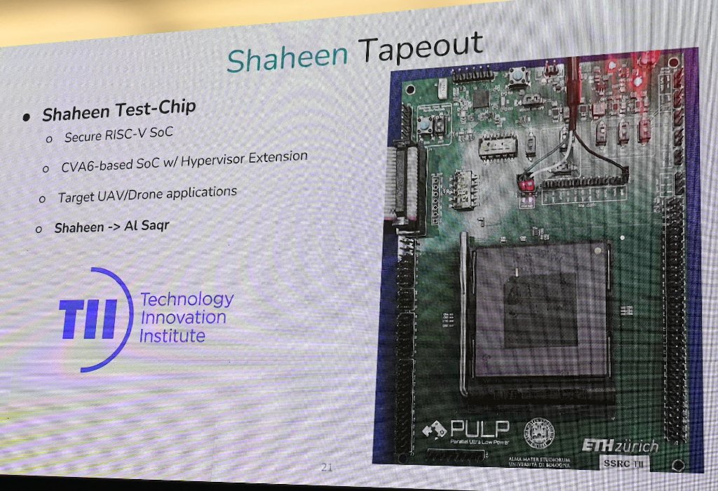 Our IoT processor Shaheen, funded by TII Abu Dhabi, featured in yesterday's talk "RISC-V Virtualization: A Case Study on the CVA6" given by Bruno Sa at #RISCVSummitEurope in Barcelona.  asic.ethz.ch/2022/Shaheen.h…