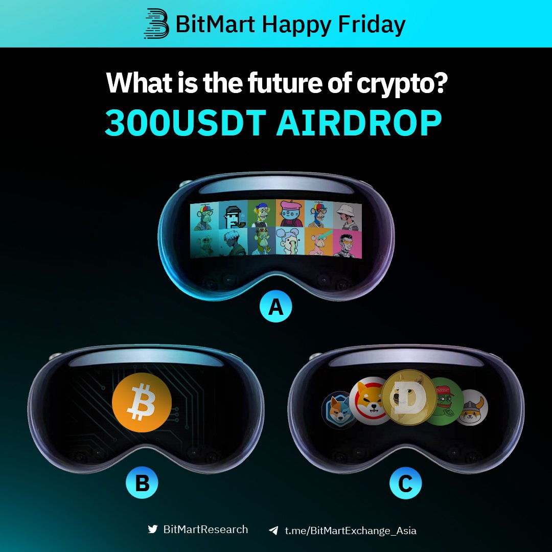 BitMartResearch's tweet photo. 🤩BitMart HAPPY FRIDAY GAME🤩

🤔What is the future of #crypto?
🎁300 USDT/150 winners

🔹Follow @BitMartResearch @BitMartExchange
🔹Fill https://t.co/0A1yzyVOgA
🔹RT &amp; Tag 3 frds
🔹Join https://t.co/2Ct0IlNidd

 #Airdrop #Giveaway #Crypto #NFT #AppleVisionPro https://t.co/GwwVS9aw2r