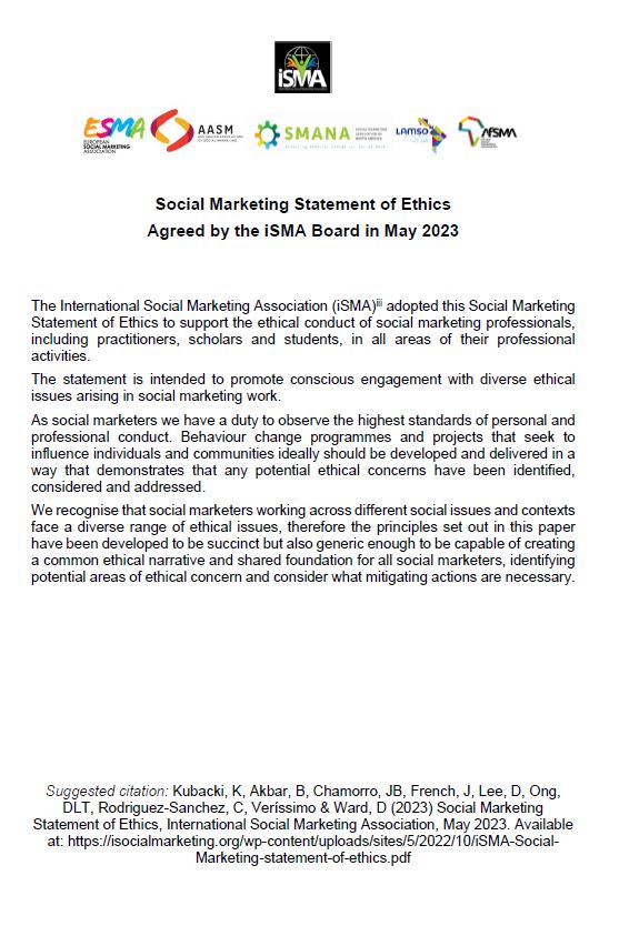 Thrilled to share the newly published ethical code <a href="/isma_org/">Social Marketing</a> for social marketing practice!🌟 

🌍💪 Let's make a difference in society ethically!
 #BehaviorChange #SocialMarketing

See: isocialmarketing.org/statements/