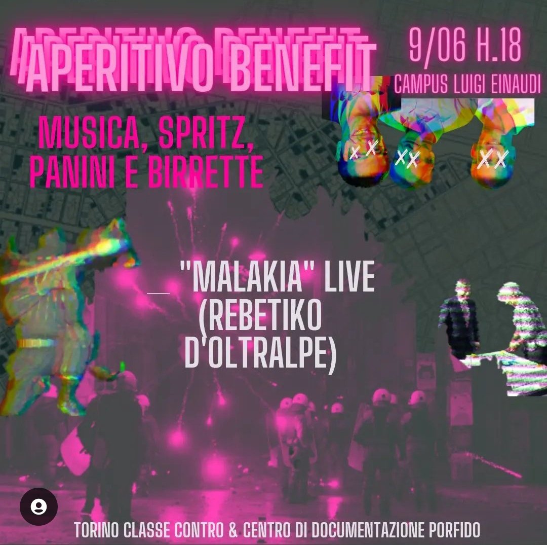 📢 Questa sera!!! Aperitivo Benefit + Concerto di Rebetiko insieme ai compagn@ di Torino Classe Contro!!

📌 Dalle 18.00 al Campus Einaudi #Torino. Non mancate!!!