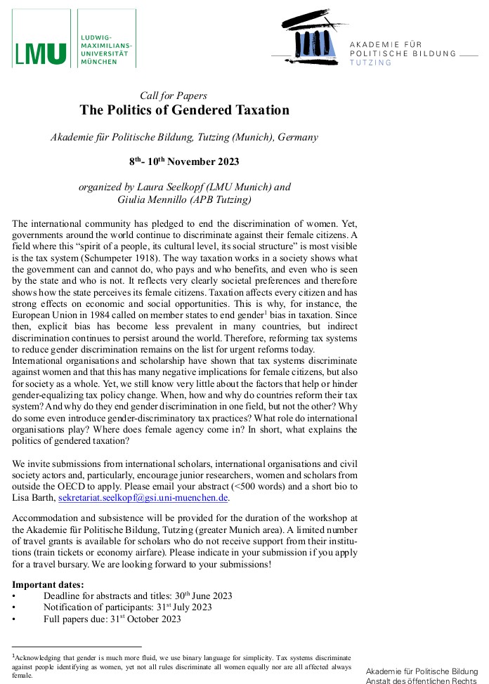 #GenderDiscrimination continues around the world. An area where this is clearly visible is the tax system. Together with the @APBTutzing I am organizing a workshop in the #Politics of #GenderedTaxation. See ⬇️ for details and please share and apply!