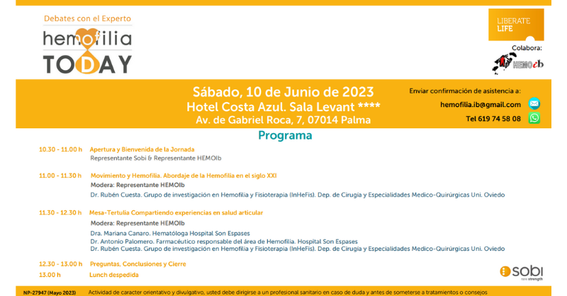 Sobi_Iberia's tweet photo. #Savethedate: Asiste mañana al Debate con el Experto sobre #Hemofilia organizado en colaboración con @Hemoib1🩸

📅 Sábado, 10 de junio
🕓 10-13h
📍 Hotel Costa Azul. Palma

Más info: hemofilia.ib@gmail.com

#LiberateLife https://t.co/rP40HQfCaO

Mira el programa 👇 https://t.co/HJFFMqGJP5