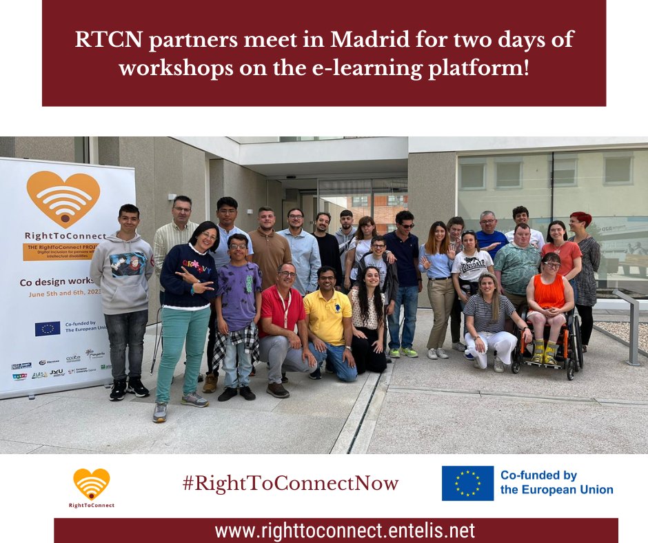 EASPD_Brussels's tweet photo. On 5th and 6th June, RightToConnect project partners met in Madrid for two days of workshops 🇪🇸 Aim of the meeting was to
🔸 explore different features
🔸 test the accessibility functionalities
of RTCN e-learning platform.
Know more 👉https://t.co/bBSvYLLOxI
#RightToConnectNow https://t.co/Jb1DWmR5W4