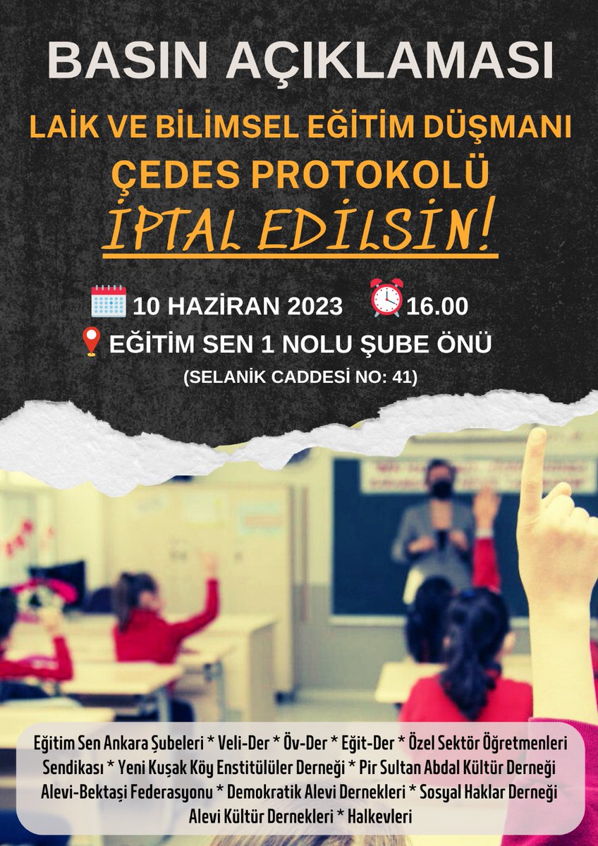 📢⚠️📢
Ortak Basın Açıklamasına Çağrı:

📌 Okullara "manevi danışman" sanıyla atanan vaiz ve imamların  pedagojik yaklaşım ve eğitim-öğretim ile ilgileri yoktur. 
Başta eğitim emekçileri olmak üzere, bütün yurttaşlarımızı Ankara'da yapılacak ortak basın açıklamasına çağırıyoruz!